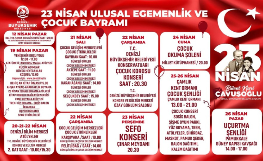 Denizli'de 23 Nisan Ulusal Egemenlik ve Çocuk Bayramı İçin Dolu Dolu Etkinlik Programı Hazır